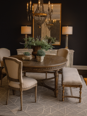 Sireen Era Rustic Round Dining Set - 5 seater in Natural Oak Finish with Linen Upholstery
