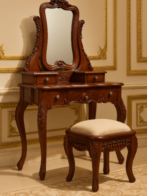 Sireen Era Victorian Carved Vanity Table with Mirror & Upholstered Stool
