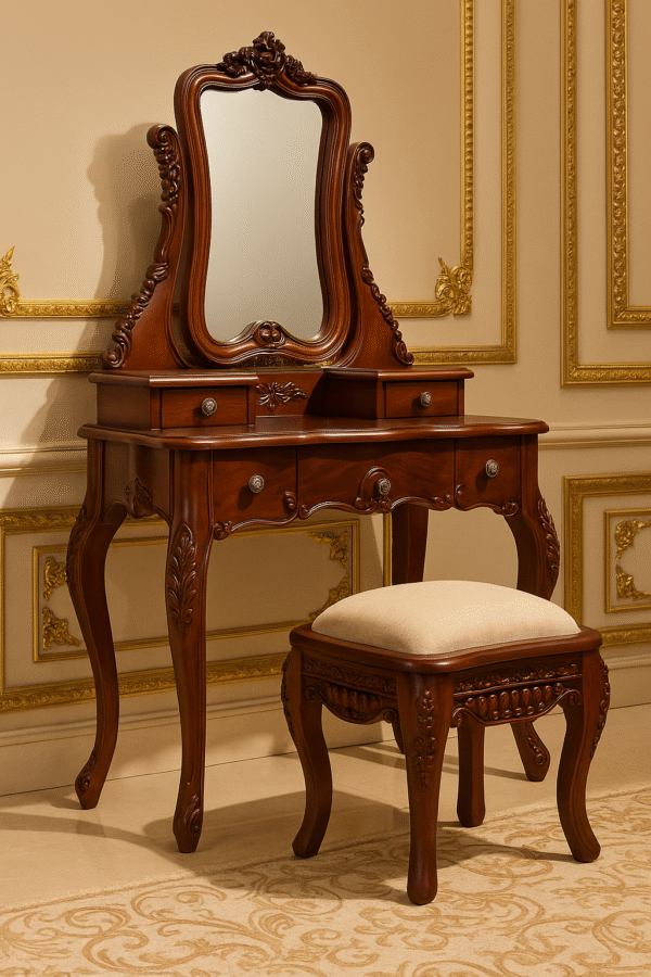 Sireen Era Victorian Carved Vanity Table with Mirror & Upholstered Stool