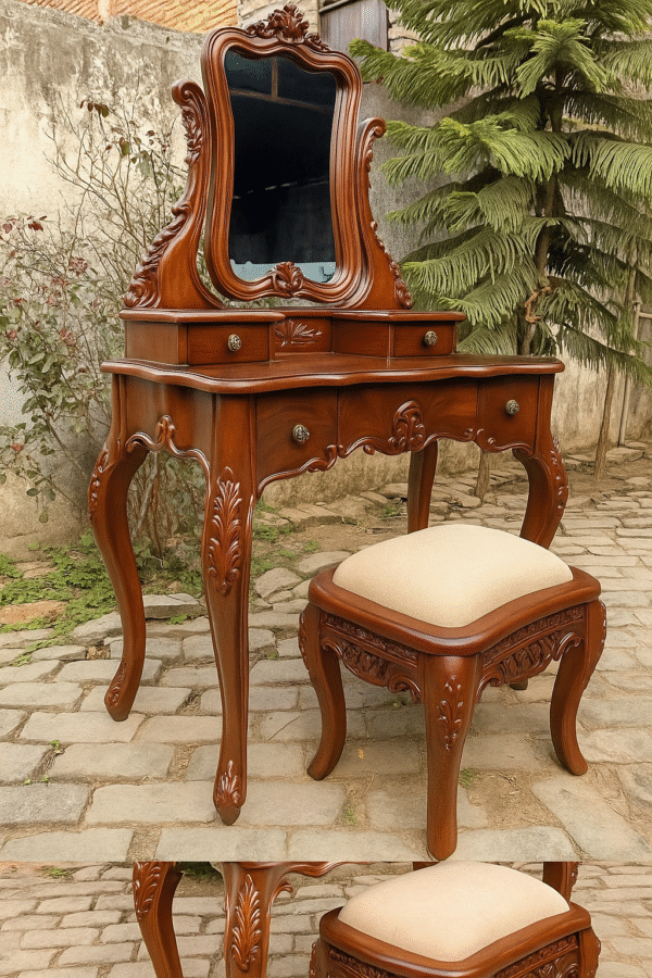Sireen Era Victorian Carved Vanity Table with Mirror & Upholstered Stool - Image 2