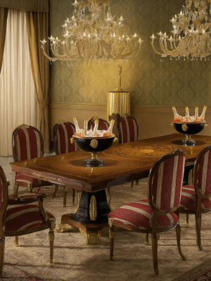 Sireen Era 10-Seater Royal Dining Set in Walnut Veneer with Marquetry & Velvet Upholstered Chairs