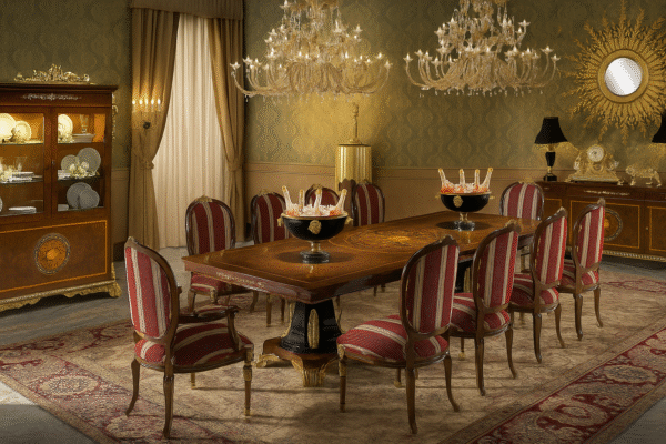 Sireen Era 10-Seater Royal Dining Set in Walnut Veneer with Marquetry & Velvet Upholstered Chairs