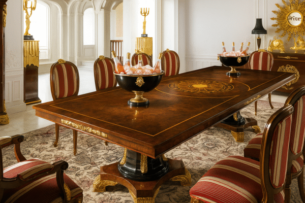 Sireen Era 10-Seater Royal Dining Set in Walnut Veneer with Marquetry & Velvet Upholstered Chairs - Image 2