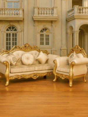 Sireen Era 3+1 Seater Royal Sofa – Hand-Carved Gold Leaf Grand Couch with Victorian Upholstery