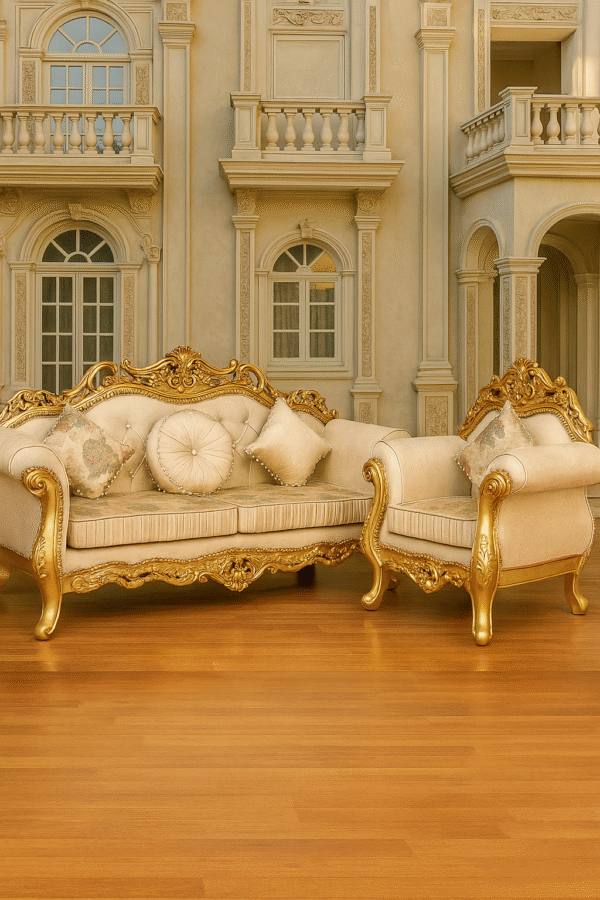 Sireen Era 3+1 Seater Royal Sofa – Hand-Carved Gold Leaf Grand Couch with Victorian Upholstery