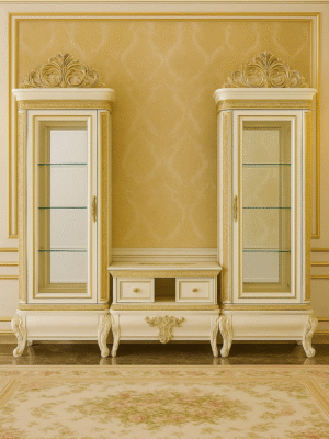 Sireen Era Royal Showcase Unit in Ivory & Gold with Ornate Carvings and Glass Shelves