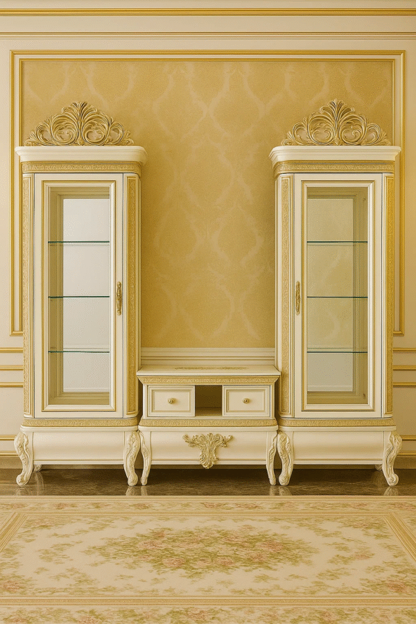 Sireen Era Royal Showcase Unit in Ivory & Gold with Ornate Carvings and Glass Shelves