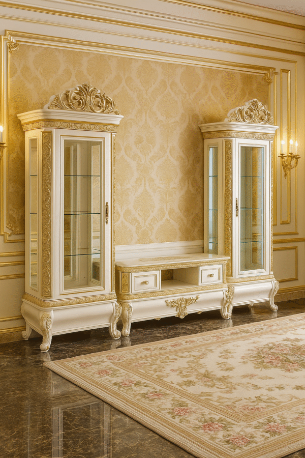 Sireen Era Royal Showcase Unit in Ivory & Gold with Ornate Carvings and Glass Shelves - Image 2