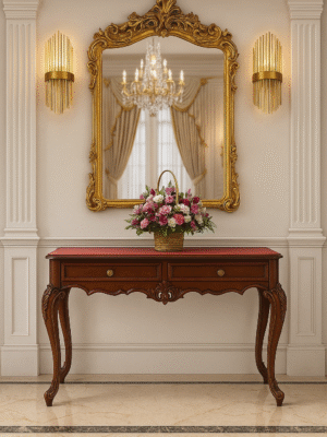 Sireen Era Carved Teak Console Table with Gold Baroque Mirror – Regal Entryway Set