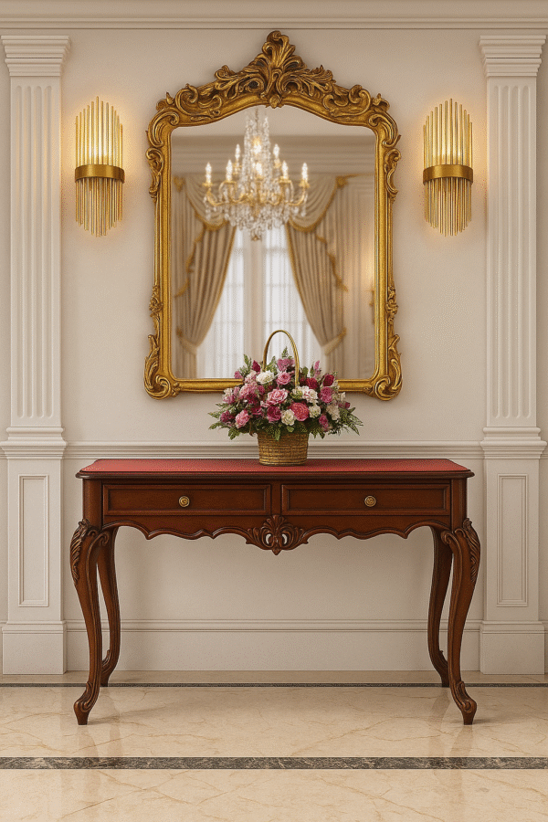 Sireen Era Carved Teak Console Table with Gold Baroque Mirror – Regal Entryway Set
