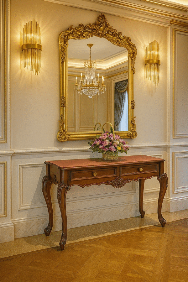 Sireen Era Carved Teak Console Table with Gold Baroque Mirror – Regal Entryway Set - Image 2