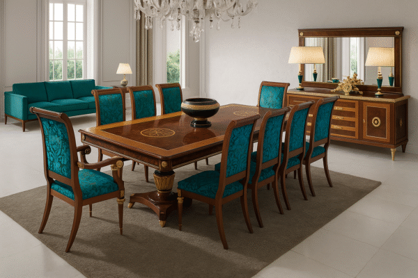 Sireen Era Royal Walnut Inlay Dining Set – 8 Seater with Sideboard & Mirror