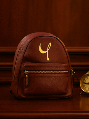 Luxury Brown Genuine Leather Small Backpack – Minimalist Design with Golden Accent