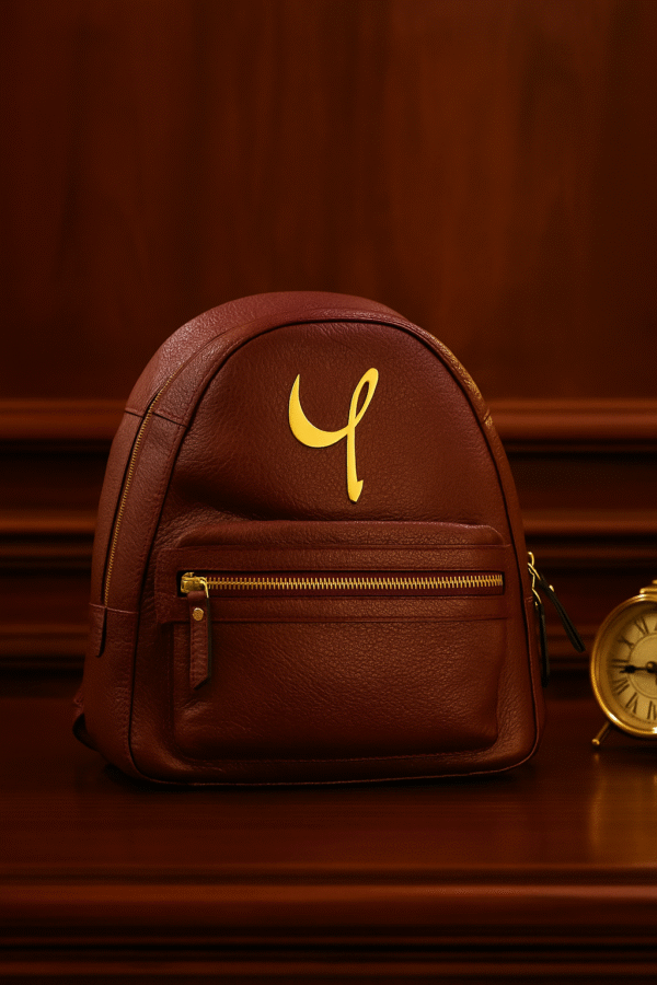 Luxury Brown Genuine Leather Small Backpack – Minimalist Design with Golden Accent