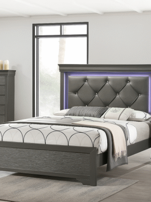Sireen Era's Aurora Luxe Series – Queen Bed with Tufted Faux Leather LED Headboard & Textured Footboard (Dark Gray)