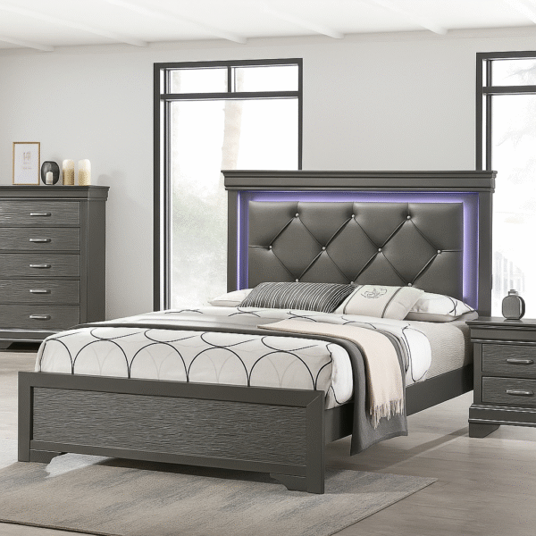 Sireen Era's Aurora Luxe Series – Queen Bed with Tufted Faux Leather LED Headboard & Textured Footboard (Dark Gray)