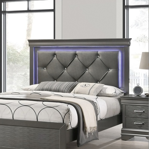 Sireen Era's Aurora Luxe Series – Queen Bed with Tufted Faux Leather LED Headboard & Textured Footboard (Dark Gray)