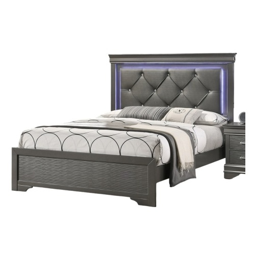 Sireen Era's Aurora Luxe Series – Queen Bed with Tufted Faux Leather LED Headboard & Textured Footboard (Dark Gray)