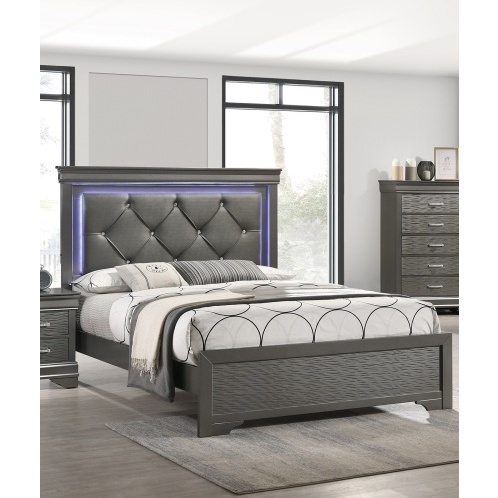Sireen Era's Aurora Luxe Series – Queen Bed with Tufted Faux Leather LED Headboard & Textured Footboard (Dark Gray)