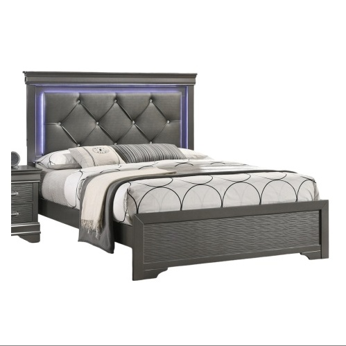 Sireen Era's Aurora Luxe Series – Queen Bed with Tufted Faux Leather LED Headboard & Textured Footboard (Dark Gray)